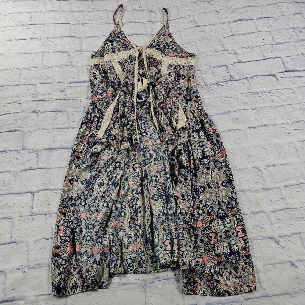 Umgee Boho Paisley Dress Womens Large Navy Multi Lace Trim Tassel Festival Wear